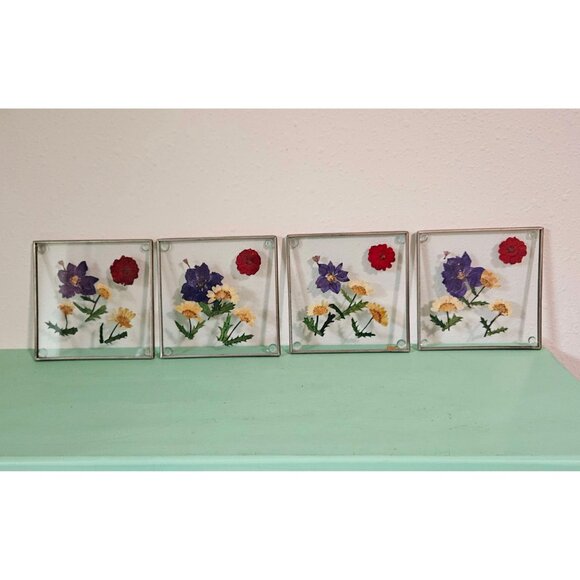 Pressed Flower Glass Drink Coast Set With Holder - Picture 4 of 7